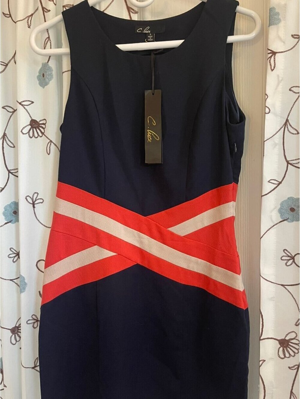 NWT | C. Luce | S | Navy Colorblock Criss Cross Sheath Dress - Picture 2 of 6